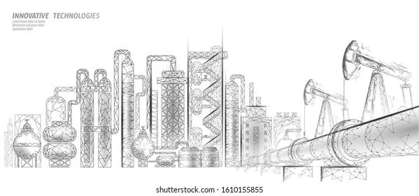 Petroleum oil refinery complex low poly business concept. Finance economy polygonal petrochemical production plant. Petroleum fuel industry will pipeline. Ecology solution vector illustration