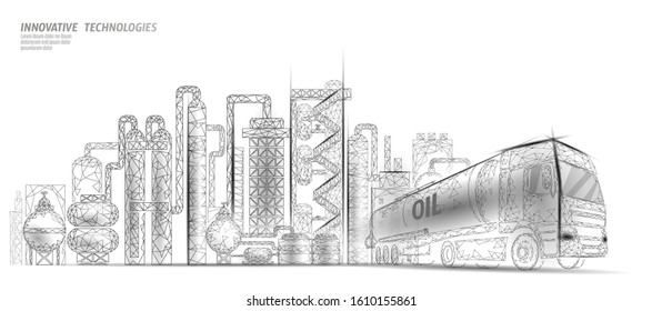 Petroleum oil refinery complex low poly business concept. Finance economy polygonal petrochemical production plant. Petroleum fuel industry truck. Ecology solution vector illustration