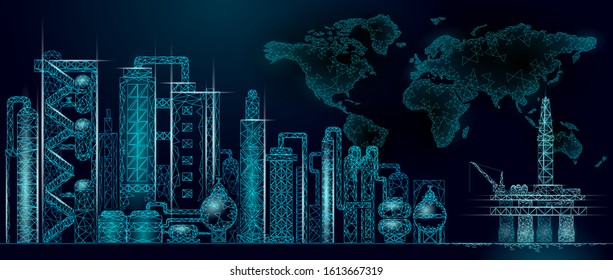 Petroleum oil refinery complex low poly World map. Finance economy polygonal petrochemical production plant. Petroleum fuel industry will pipeline. Ecology solution blue vector illustration