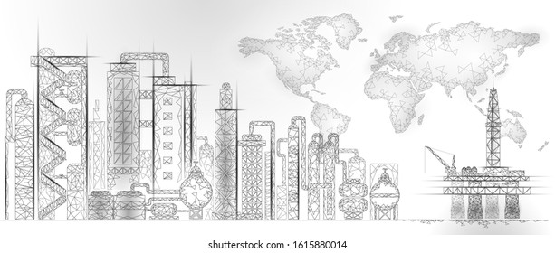 Petroleum oil refinery complex low poly World map. Finance economy polygonal petrochemical production plant. Petroleum fuel industry will pipeline. Ecology solution blue vector illustration