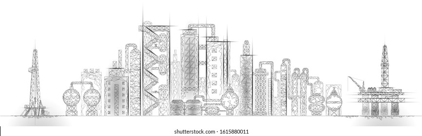 Petroleum oil refinery complex panorama business concept. Finance economy polygonal petrochemical production plant. Petroleum fuel industry will pipeline. Ecology solution blue vector illustration
