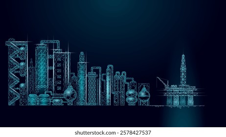 Petroleum oil refinery complex panorama business concept. Finance economy polygonal petrochemical production plant. Petroleum fuel industry will pipeline. Ecology solution blue vector illustration