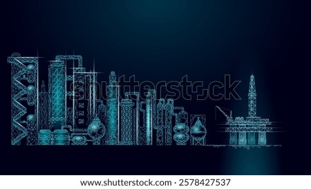 Petroleum oil refinery complex panorama business concept. Finance economy polygonal petrochemical production plant. Petroleum fuel industry will pipeline. Ecology solution blue vector illustration