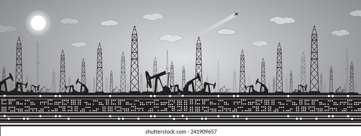 Petroleum panorama, industrial landscape, power plant, vector lines design, grey illustration