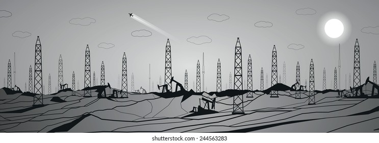 Petroleum panorama, industrial landscape, power plant, vector lines design, grey illustration