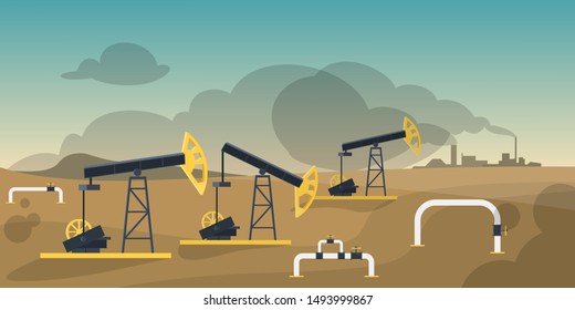 Petroleum production industry concept. Oil derrick construction drilling fuel and gas. Vector illustration in cartoon style