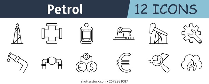 Petroleum production set icon. Oil rig, drilling equipment, pipelines, energy pricing, fuel processing, liquid transportation, engineering tools, refinery, oil market