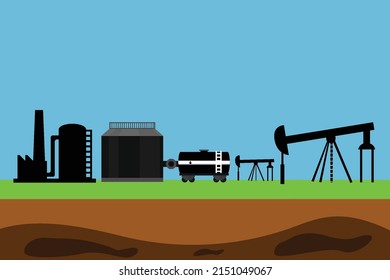 Erdölproduktion unter Verwendung von Pumpbuchsen-Silhouettenvektor. Silhouette aus der Ölbohrindustrie. Öl- und Petroleumpumpen auf Gewächshauptvektor. Förderung von Öl aus einer Mine und Erdölproduktion Konzept.