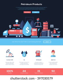 Petroleum products, oil and gas industry one page website template layout with flat header, banner, icons and other web elements