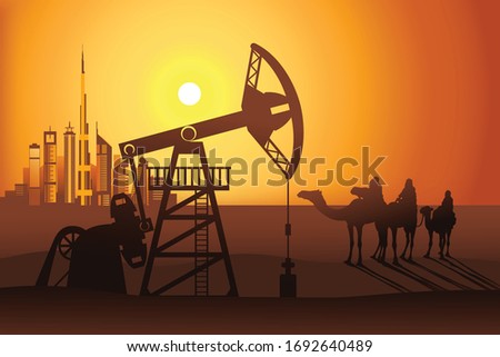 Petroleum pumpjack and three camel riders at the sunset in the desert on the Dubai city background vector illustration. Oil well.