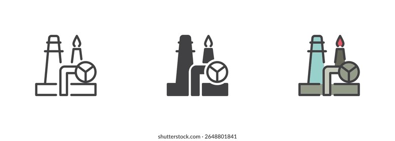 Industriekomplex-Symbol der Erdölraffinerie in Linien-, Voll- und gefüllten Konturstilen. Farbiges Symbol der Öl- und Gasraffination und -produktion.