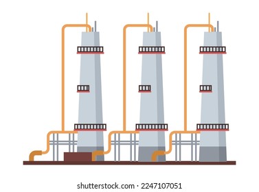 Estación de refinería de petróleo con sistemas de almacenamiento y tuberías. Equipos aislados de la industria del petróleo y el gas y maquinaria, tecnologías. Vector de estilo plano