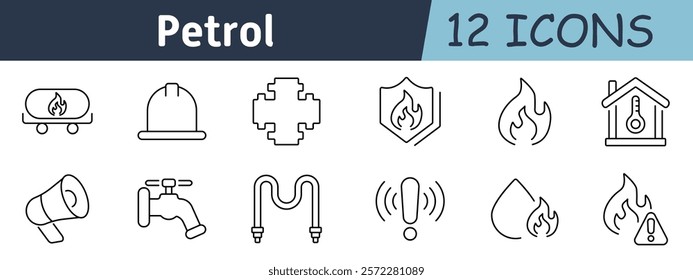 Petroleum resources set icon. Oil truck, flame protection, pipelines, engineer, thermal controls, alert systems, resource management, refinery equipment, energy pricing