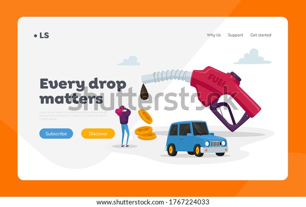 Petroleum Station, Refueling Car, Gasoline\
Service Landing Page Template. Tiny Female Character on Gas Station\
at Huge Filling Gun with Pouring Fuel and Falling Coins. Cartoon\
Vector Illustration