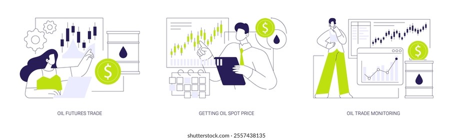 Petroleum stock market abstract concept vector illustration set. Oil futures trade, natural gas and crude oil spot price, trade monitoring, energy resources market analysis abstract metaphor.