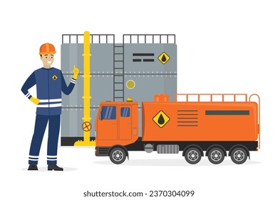 Petroleum truck, oil storage tank, happy caucasian oilman or engineer. Cartoon steel container with pipe and ladder and worker man isolated on white background. Flat style vector illustration