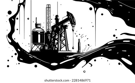 Petroleum vector black line illustration isolated white. Sketch art