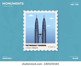 Diseño de boletos de estampado de Postage de Petronas Towers Monument con diseño de ilustración de vector de información