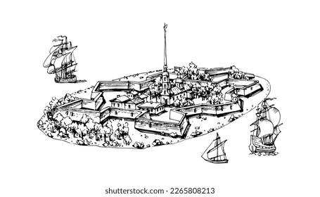 Petropavlovskaya fortress on Zayachy Island in St. Petersburg. Vector illustration in black ink, isolated on a white background in the style of an engraving.