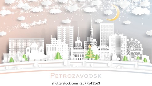 Petrozavodsk Russia. Winter city skyline in paper cut style with snowflakes, moon and neon garland. Christmas and new year concept. Santa Claus on sleigh. Petrozavodsk cityscape with landmarks.