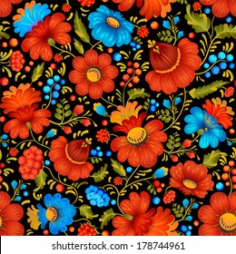 Petrykivka art (Petryakovka painting) seamless pattern in vector (Ukrainian folk art)