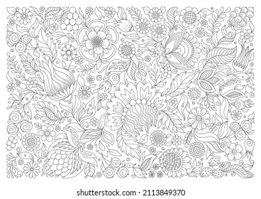 Petrykivka  flowers. Coloring book pages. Hand drawn artwork. Love bohemian concept for wedding invitations, cards, tickets, congratulations, branding, boutique logo, label. Web and mobile interface