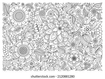 Petrykivka  flowers. Coloring book pages. Hand drawn artwork. Love bohemian concept for wedding invitations, cards, tickets, congratulations, branding, boutique logo, label. Web and mobile interface