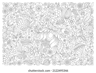 Petrykivka  flowers. Coloring book pages. Hand drawn artwork. Love bohemian concept for wedding invitations, cards, tickets, congratulations, branding, boutique logo, label. Web and mobile interface