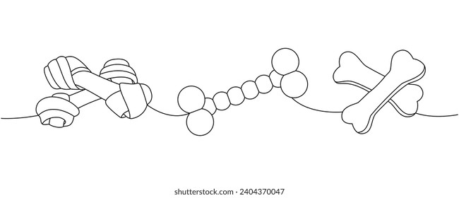 Pets accessories. Bones, dog chew toy continuous one line illustration. Vector linear illustration.