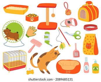 Pets accessories. Domestic animals care tools. Veterinary store. Birds cages. Beds and carriers for cat. Scratching post. Hamster in wheel. Puppy toys. Canine food. Vector vet goods set