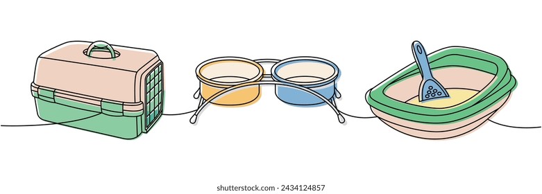 Pets accessories one line colored continuous drawing. Carrying case, cage, double dog bowl, pet toilet, litter box continuous one line illustration.