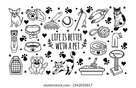 Pets and accessories vector set. Goods for animals - cat food, bowl with paw print, scratching post, dog toy, leash, shaver. Grooming and veterinary. Simple doodles. Black and white clipart for print