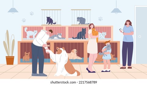 Pets adoption from animal shelter. People hold kitten and dog. Flat cartoon cats and dogs in cages. Volunteer adopted puppy, kicky care vector concept