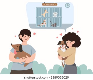 Pets adoption from animal shelter. People hold kitten and dog. Flat cartoon cats and dogs in cages. Volunteer adopted puppy. vector illustration.