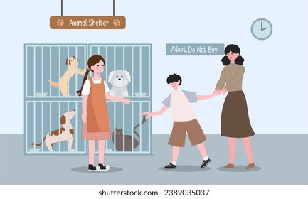 Pets adoption from animal shelter. People hold kitten and dog. Flat cartoon cats and dogs in cages. Volunteer adopted puppy. vector illustration.