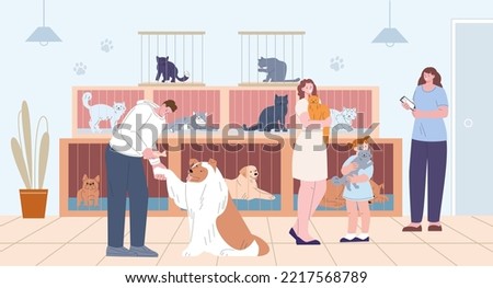 Pets adoption from animal shelter. People hold kitten and dog. Flat cartoon cats and dogs in cages. Volunteer adopted puppy, kicky care vector concept