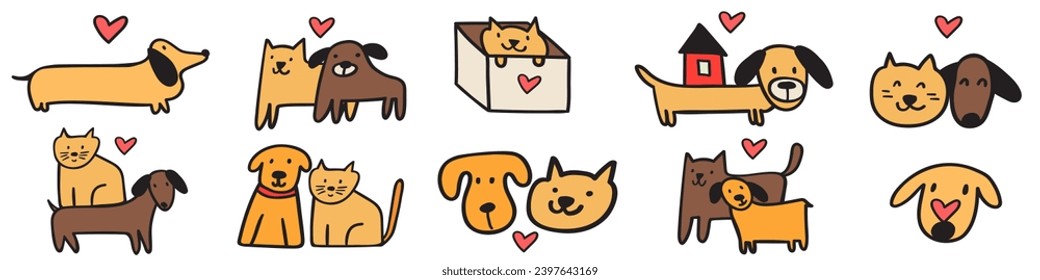 Adopción de mascotas, amistad entre gatos y perros. Conjunto de ilustraciones de vector dibujadas a mano. Diseño plano. Animales bonitos.