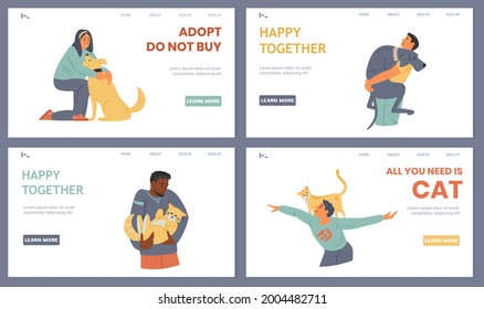 Pets Adoption Landing Page Templates Vector Set. Happy People Hugging, Playing With Dogs And Cats.