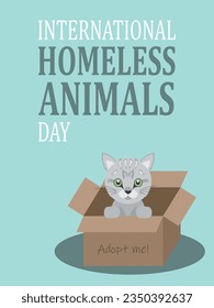 Pets adoption vector illustration. Cat in a box on isolated background. International homeless animals day conceptsign concept.