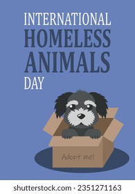 Pets adoption vector illustration. Dog in a box on isolated background. International homeless animals day conceptsign concept.