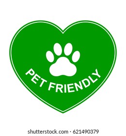 Pets allowed, pet friendly green heart sign, vector illustration.