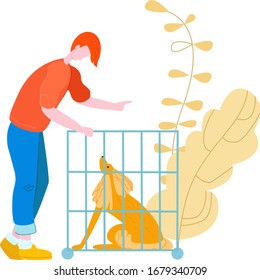 Pets animal transportation in airport, dog traveling in cage, journey flat vector illustration. Man taking pet in luggage compartment at the airport. Tourism and tour depature terminal for animals.