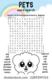 Pets, animal word search puzzle. Educational game crossword. Printable activity worksheet for children and kids for learning english words. Party card.  Vector eps10