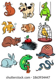 Pets animals collection set icons symbols comic cartoon retro style drawing