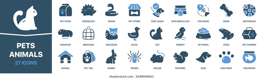 Pets and animals colored signed icon collection. Set of fill Pets and animals icons. UI icon set. Colored icons pack. Vector illustration