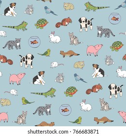 Pets animals cute cartoon doodle vector seamless pattern
