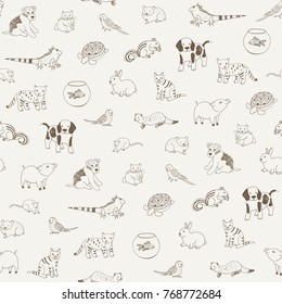 Pets animals cute cartoon doodle vector seamless pattern