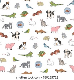 Pets animals cute cartoon doodle vector seamless pattern