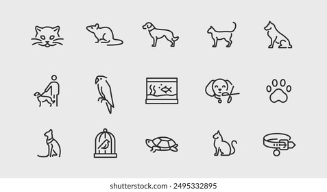 Pets and animals icons. Large set of pets and animals trendy minimal icons. Example: Cat, Dog, Fish Tank, Paw Print icon. Design signs for web page, mobile app, packaging design. Vector illustration