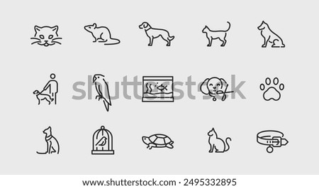 Pets and animals icons. Large set of pets and animals trendy minimal icons. Example: Cat, Dog, Fish Tank, Paw Print icon. Design signs for web page, mobile app, packaging design. Vector illustration